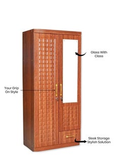 Generic Empirefurniture Wooden Wardrobe with 2 Lockable Doors, Front Mirror, Cupboard, and Storage Drawer – Modern Bedroom Cabinet with Shelves and Hanging Rod (Cherry)  - Image 3