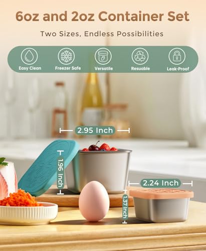 Osfel 3 Pack 6oz Stainless Steel Snack Containers and 3 Pack 2oz Salad Dressing To Go Containers with Silicone Lids, Reusable Square Meal Prep Condiment Sauce Containers Lunch Box Accessories - Image 2