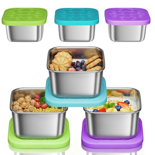 Osfel 3 Pack 6oz Stainless Steel Snack Containers and 3 Pack 2oz Salad Dressing To Go Containers with Silicone Lids, Reusable Square Meal Prep Condiment Sauce Containers Lunch Box Accessories - Image 1
