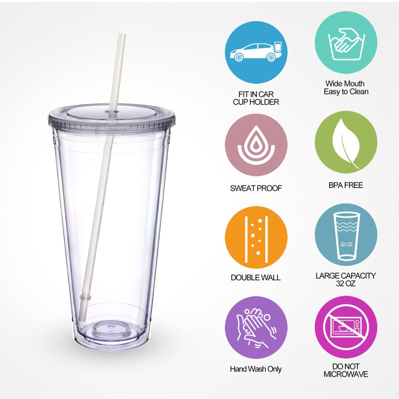 Zukro Clear Acrylic Tumbler with Straw and Lid 32 oz, Double Walled Insulated Reusable Plastic Iced Coffee Cup, To Go Cup Perfect for Parties, Birthdays, Fit in Cupholder, BPA Free, Red & Blue 2 Pack - Image 2