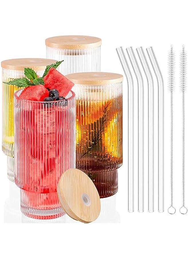 HOOKOR Ribbed Glassware Drinking Glasses with Lid and Straws, 4 Pack 12oz Ribbed Glass Cups Vintage Fluted Glassware, Iced Coffee Cup, Coffee Bar Accessories for Cocktail Beer Coffee Tea - Image 1