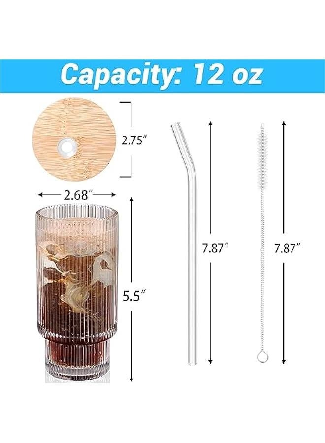 HOOKOR Ribbed Glassware Drinking Glasses with Lid and Straws, 4 Pack 12oz Ribbed Glass Cups Vintage Fluted Glassware, Iced Coffee Cup, Coffee Bar Accessories for Cocktail Beer Coffee Tea - Image 2