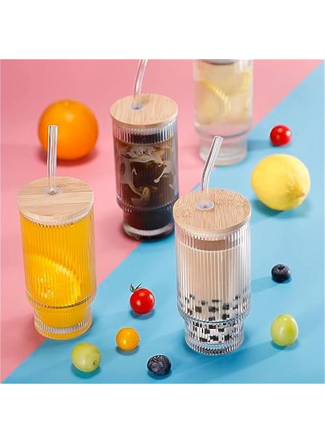 HOOKOR Ribbed Glassware Drinking Glasses with Lid and Straws, 4 Pack 12oz Ribbed Glass Cups Vintage Fluted Glassware, Iced Coffee Cup, Coffee Bar Accessories for Cocktail Beer Coffee Tea - Image 3
