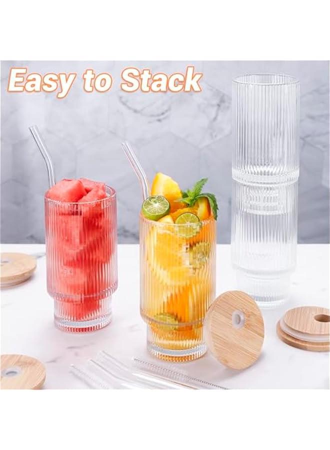 HOOKOR Ribbed Glassware Drinking Glasses with Lid and Straws, 4 Pack 12oz Ribbed Glass Cups Vintage Fluted Glassware, Iced Coffee Cup, Coffee Bar Accessories for Cocktail Beer Coffee Tea - Image 4