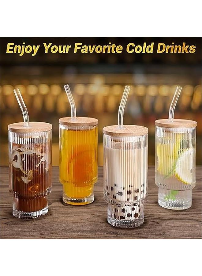 HOOKOR Ribbed Glassware Drinking Glasses with Lid and Straws, 4 Pack 12oz Ribbed Glass Cups Vintage Fluted Glassware, Iced Coffee Cup, Coffee Bar Accessories for Cocktail Beer Coffee Tea - Image 5