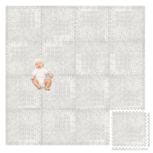 Play Platoon Non-Toxic Extra-Thick Children's Play Mat, 16 Tile - 96 x 96 inch Comfortable Cushiony Foam Floor Puzzle Mat for Kids & Toddlers with 24 x 24 inch 5/8 in Thick Tiles - Khaki, Boho Modern - Image 1