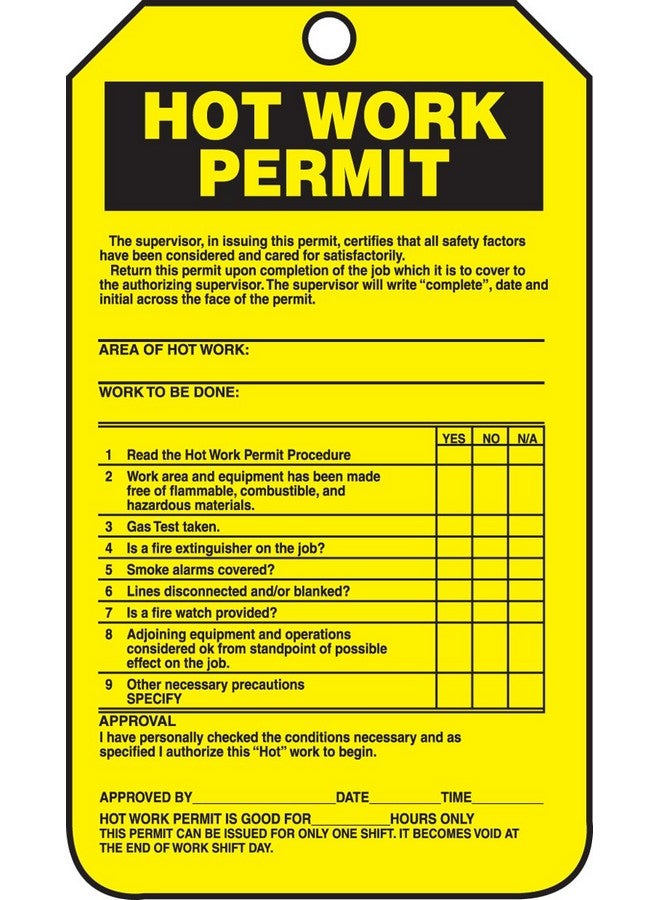Accuform Tcs372Ctp Pfcardstock Confined Space Tag Legend"Hot Work Permit" 5.75" Length X 3.25" Width X 0.010" Thickness Black On Yellow (Pack Of 25) - Image 2