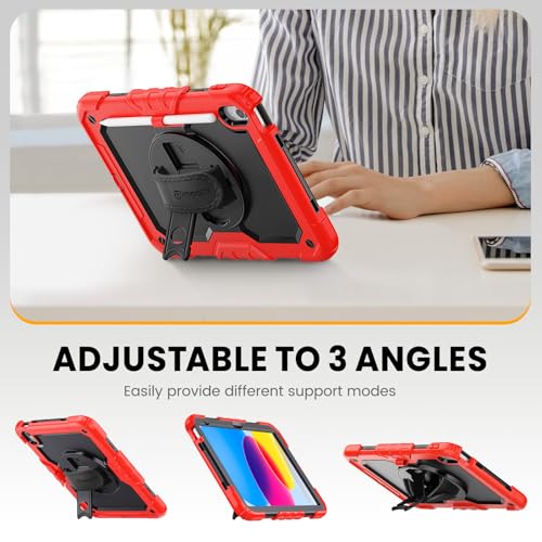 timecity for iPad (A16) 11th/ 10th Generation Case 11''/ 10.9 Inch (2025/2022) - Heavy Duty Protective Cover with Screen Protector, Stand, Shoulder Strap & Pencil Holder | Kids-Friendly - Red - Image 4