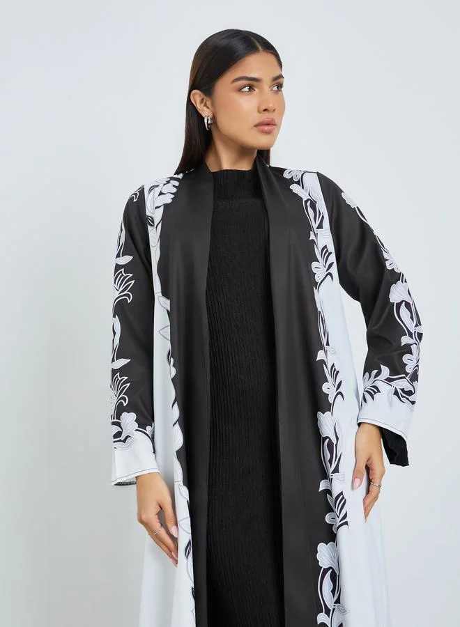 Amirah Black Front Open Floral Print Abaya