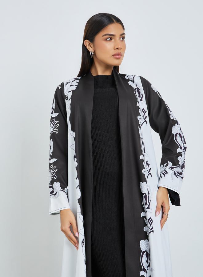 Amirah Black Front Open Floral Print Abaya - Image 2