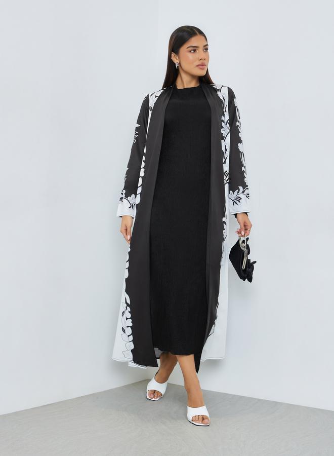 Amirah Black Front Open Floral Print Abaya - Image 3