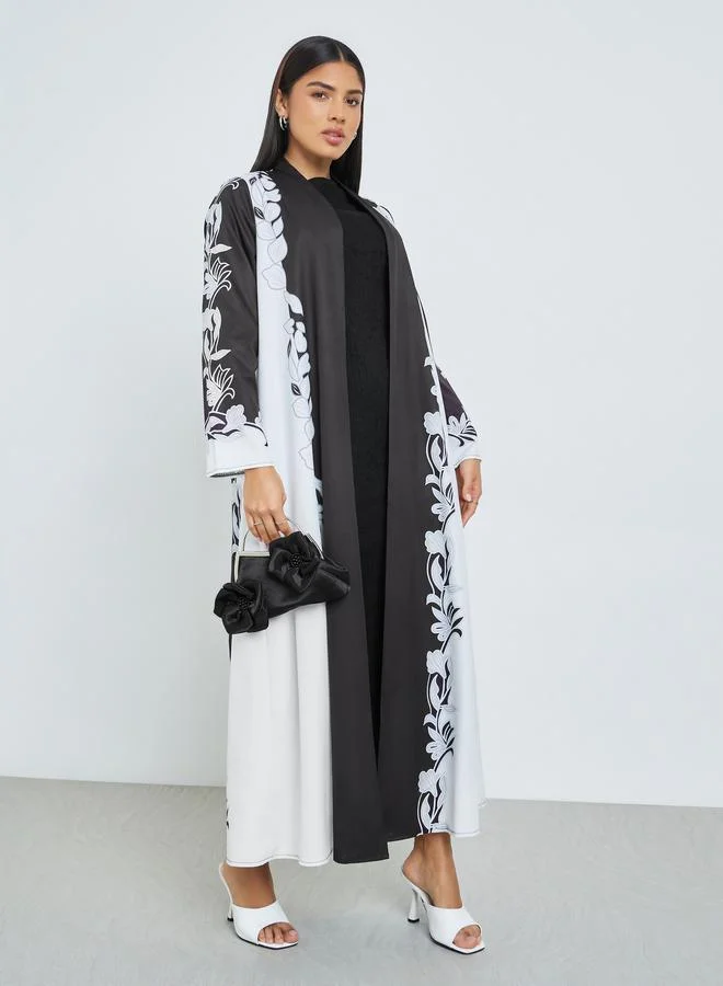 Black Front Open Floral Print Abaya