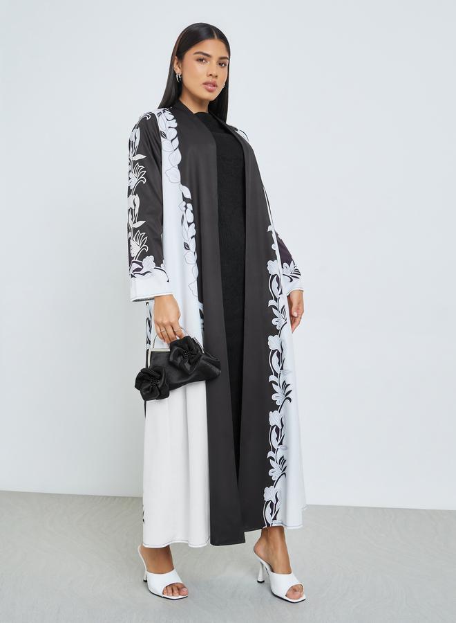 Amirah Black Front Open Floral Print Abaya - Image 1