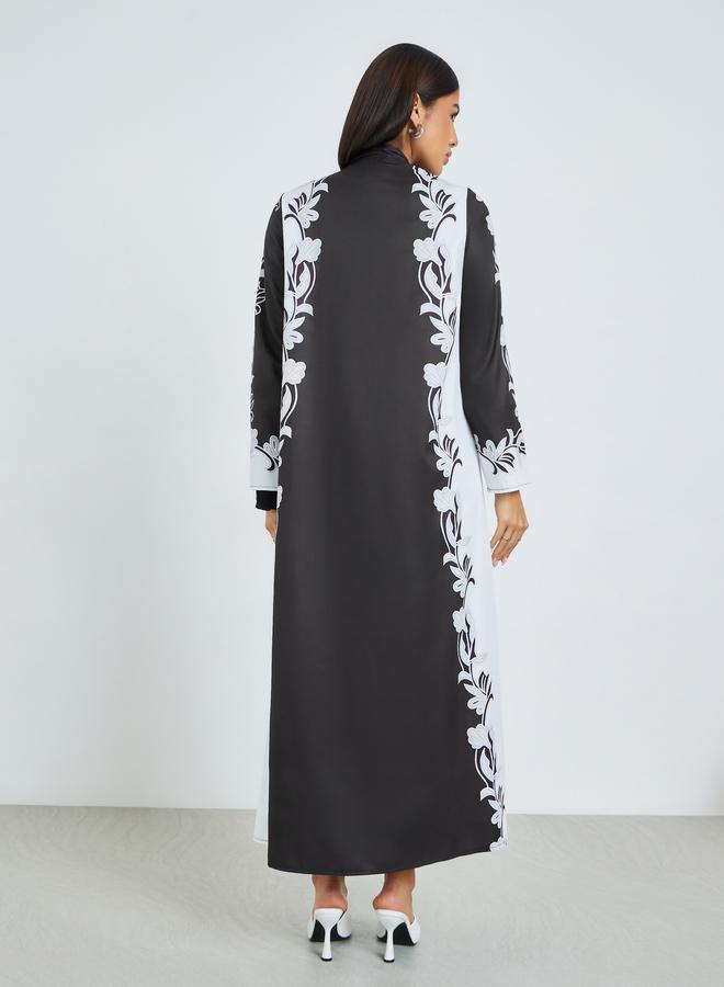 Amirah Black Front Open Floral Print Abaya - Image 4