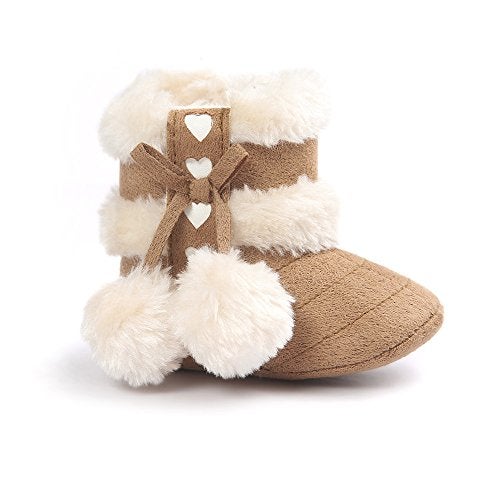 ESTAMICO Baby Girl Winter Fur Snow Boots Toddler Shoes With Bowknot Khaki 6-12 Months - Image 1