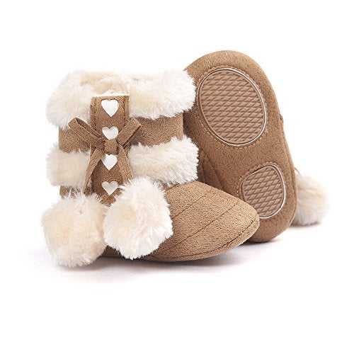 ESTAMICO Baby Girl Winter Fur Snow Boots Toddler Shoes With Bowknot Khaki 6-12 Months - Image 4