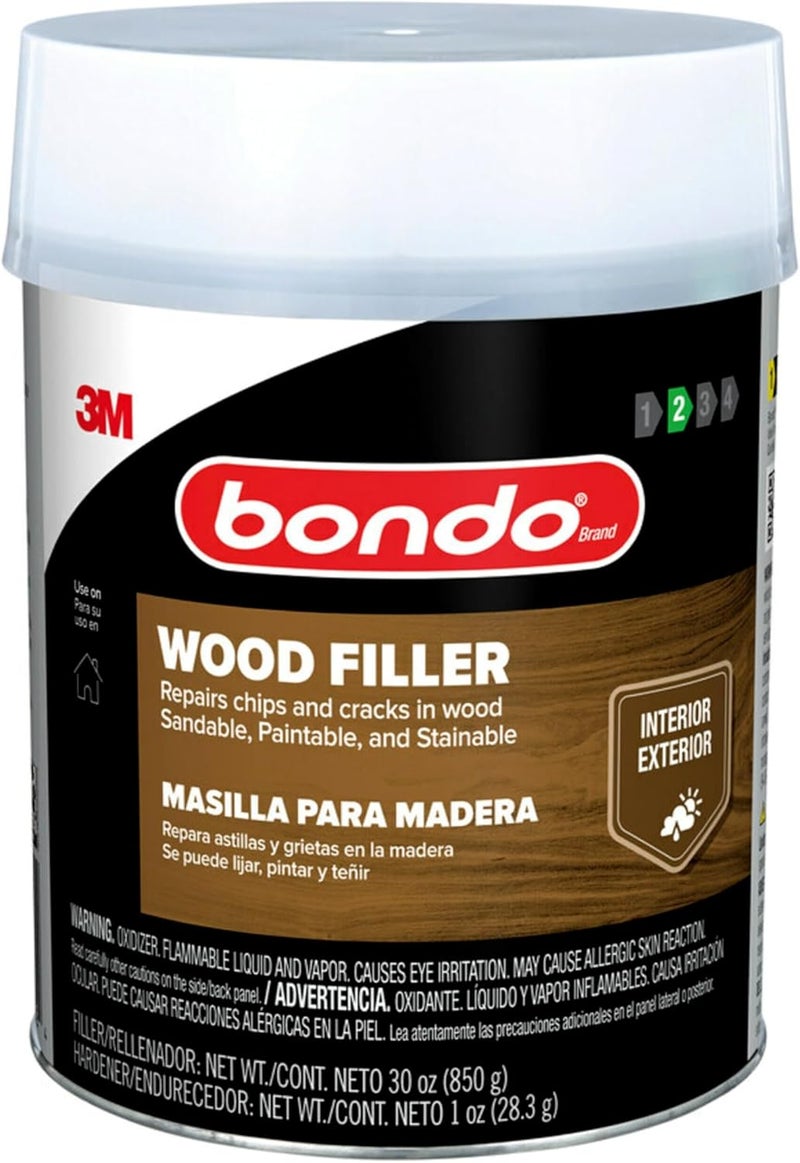 Bondo معجون خشب 3M 30 أونصة (850.49 جرام) مع مادة صلبة كريمية 0.5 أونصة (14 جرام) ، يصلح الشقوق والرقائق في الخشب ، قابل للصنفرة ، قابل للدهان ، وقابل للتلوين (WF-QT-ES) - Image 1