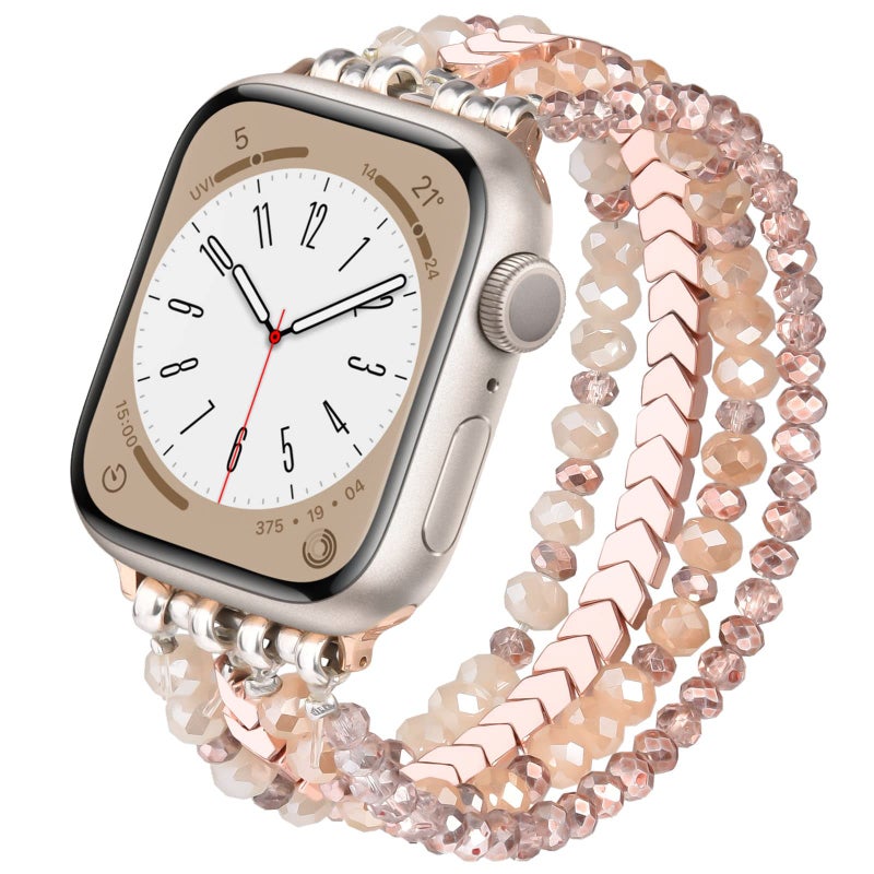 MOFREE Beaded Bracelet Compatible with Apple Watch Band 42mm/44mm/45mm/49mm/46mm Series 11/10/9/8/7/SE/6/5/4/3/2/1 Women Fashion Handmade Elastic Stretch Strap for iWatch Bands for Women Rose Gold - Image 1