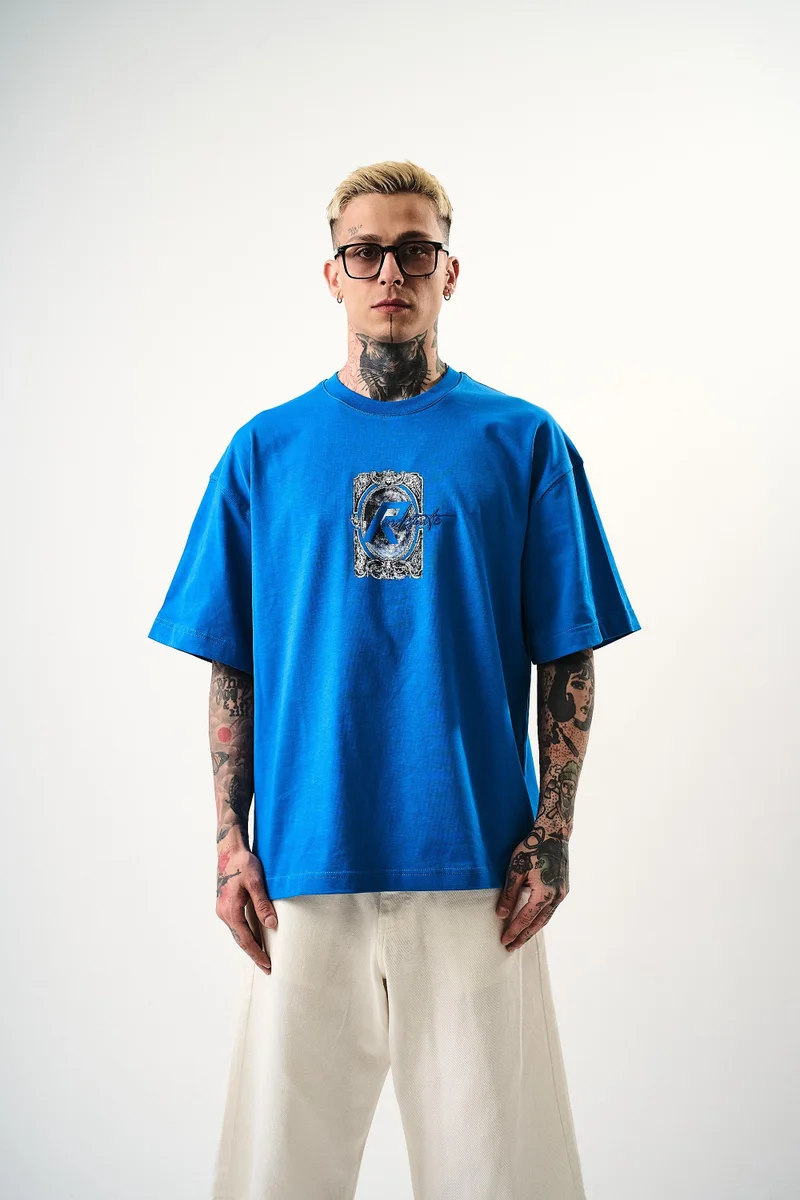 ريسباير تي شيرت رجالي مقاس كبير (Oversize) بطبعة "Indefinite"، أزرق