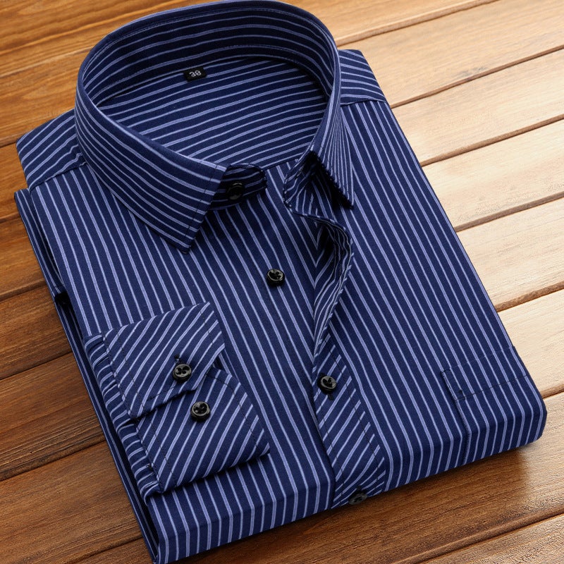 Mens casual professional workwear business striped non-ironing shirt spring and autumn thin long sleeve slim fit clothes formal wear wholesale Dark blue stripes