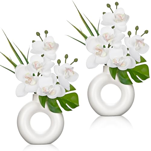 Briful Fake Orchid Flowers with Ceramic Vase 2PCS White Orchid Silk Flowers Arrangement Artificial Orchid Plants for Home Office Party Wedding Dining Room Table Centerpiece Decor - Image 1