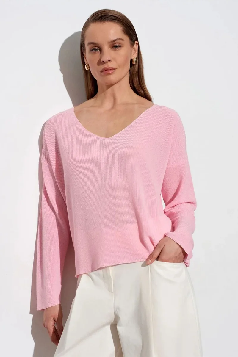 Dilvin Blush Pink DILVIN Women's V-neck Ribbed Knit Sweater for Women | Best Price UAE