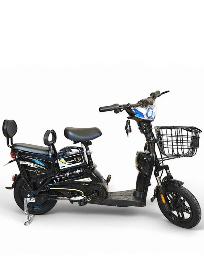 Wind Horse M1 Electric Delivery Bike 400W Motor, 48V 12Ah Battery, 55KM/H Max Speed, Dual Seat, 14 Inches Tires, Front Grocery Basket, Remote Lock Unlock System, Carbon Alloy Frame. 3-Speed Modes E-Bike - Image 1