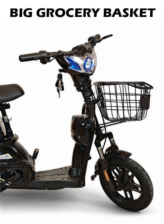 Wind Horse M1 Electric Delivery Bike 400W Motor, 48V 12Ah Battery, 55KM/H Max Speed, Dual Seat, 14 Inches Tires, Front Grocery Basket, Remote Lock Unlock System, Carbon Alloy Frame. 3-Speed Modes E-Bike - Image 2