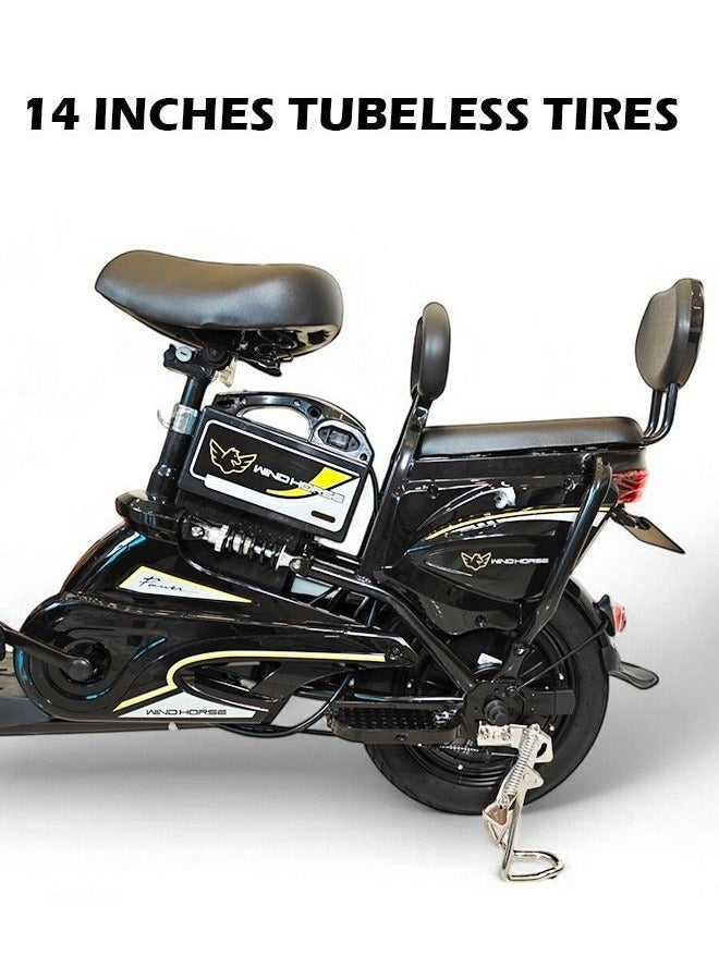 Wind Horse M1 Electric Delivery Bike 400W Motor, 48V 12Ah Battery, 55KM/H Max Speed, Dual Seat, 14 Inches Tires, Front Grocery Basket, Remote Lock Unlock System, Carbon Alloy Frame. 3-Speed Modes E-Bike - Image 3