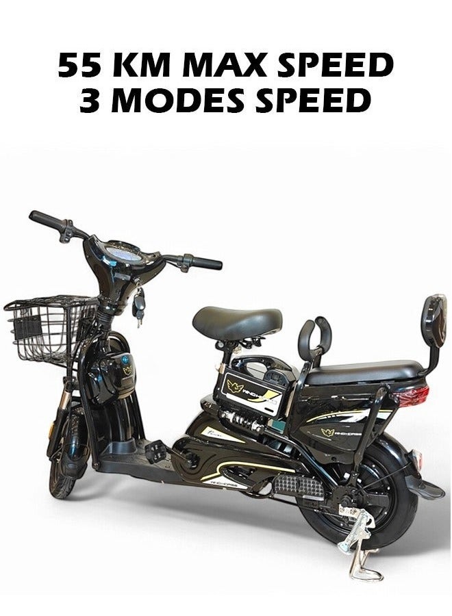 Wind Horse M1 Electric Delivery Bike 400W Motor, 48V 12Ah Battery, 55KM/H Max Speed, Dual Seat, 14 Inches Tires, Front Grocery Basket, Remote Lock Unlock System, Carbon Alloy Frame. 3-Speed Modes E-Bike - Image 4