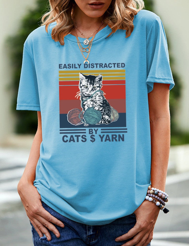wish independent station EASILY DISTRACTED cat pattern printed short sleeve t-shirt women - Image 1