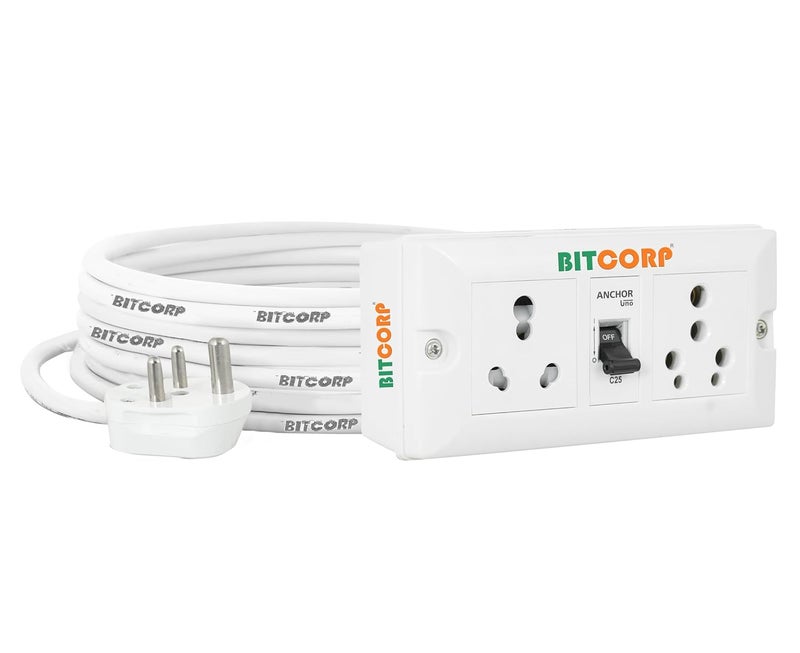 BITCORP Bitcorp Electric Extension Cord for Small and Heavy Duty Appliances 15A 16A 20A 2 Socket 1 Switch High Power Wattage 2500 Load Capacity Power Strip with 2 Meter Long Length Wire Plug White  - Image 1