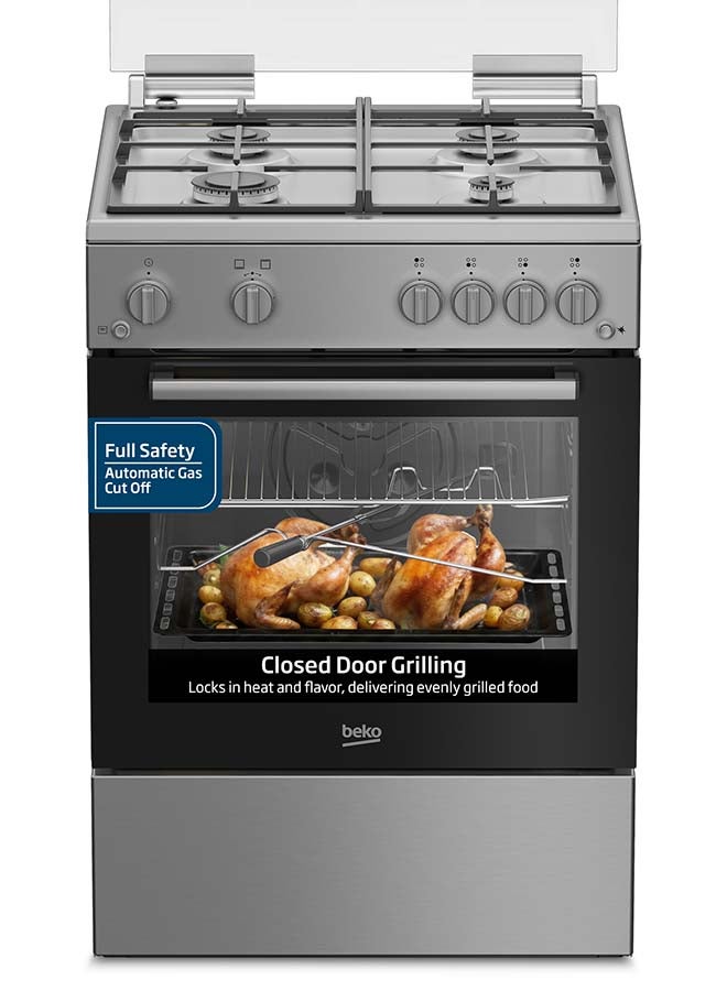 60x60cm Freestanding Gas Cooker, Full safety with 4 High Efficiency Gas Burners, Closed Door Grilling, Cast Iron Pan Support, 64 Liters Oven Capacity 4 FBGT61130XSL Inox
