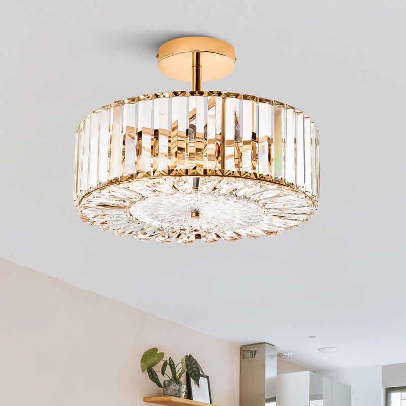 VONLUCE Crystal Light Fixture, Modern Semi Flush Mount Ceiling Light, 15" Round 4-Light Crystal Chandelier Hallway Lighting for Kitchen Bedroom Living Room Dining Room Entryway Closet, Gold - Image 1