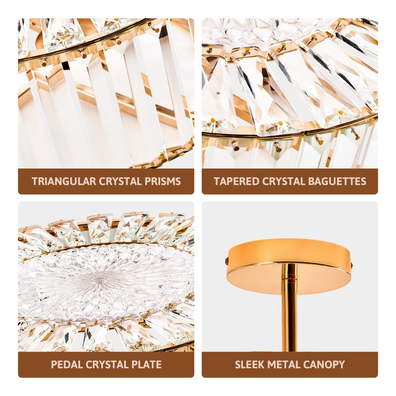 VONLUCE Crystal Light Fixture, Modern Semi Flush Mount Ceiling Light, 15" Round 4-Light Crystal Chandelier Hallway Lighting for Kitchen Bedroom Living Room Dining Room Entryway Closet, Gold - Image 2