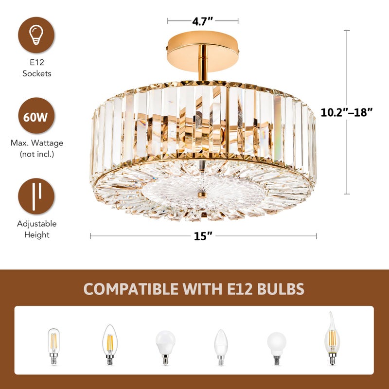 VONLUCE Crystal Light Fixture, Modern Semi Flush Mount Ceiling Light, 15" Round 4-Light Crystal Chandelier Hallway Lighting for Kitchen Bedroom Living Room Dining Room Entryway Closet, Gold - Image 3