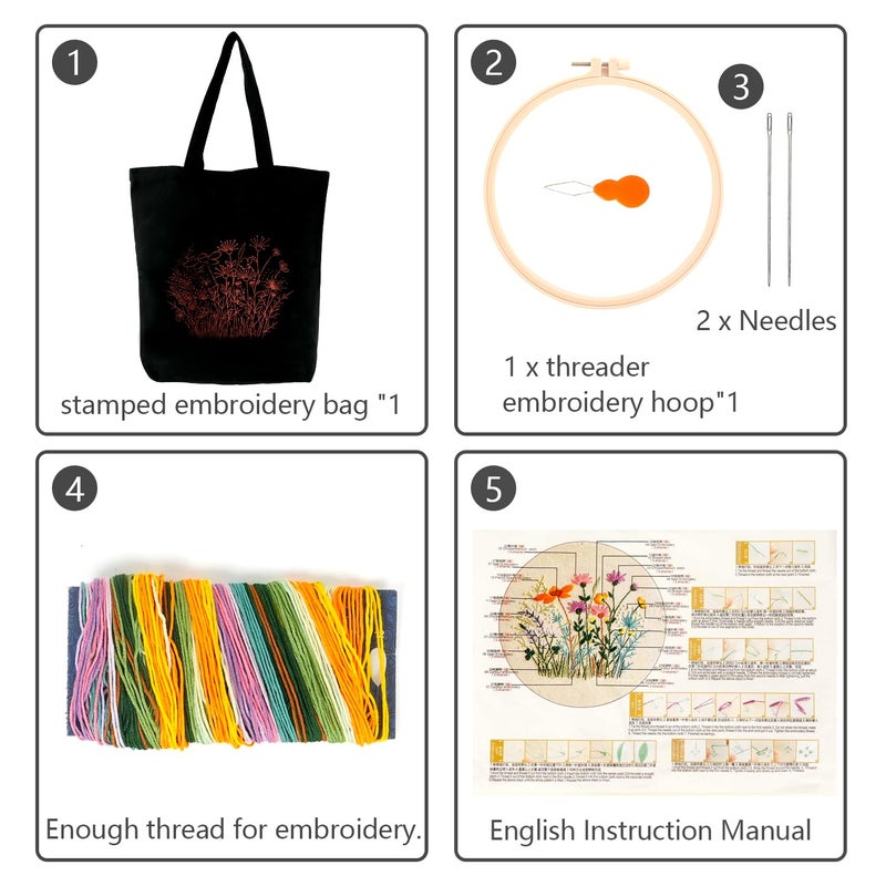 MAMUNU Canvas Tote Bag Embroidery Kit with Pattern, Beginner Embroidery Kits for Adults, Arts and DIY Crafts Embroidery Starter kit, Include Stamped Embroidery Bag, Embroidery Hoops, Color Threads and Tool. - Image 5