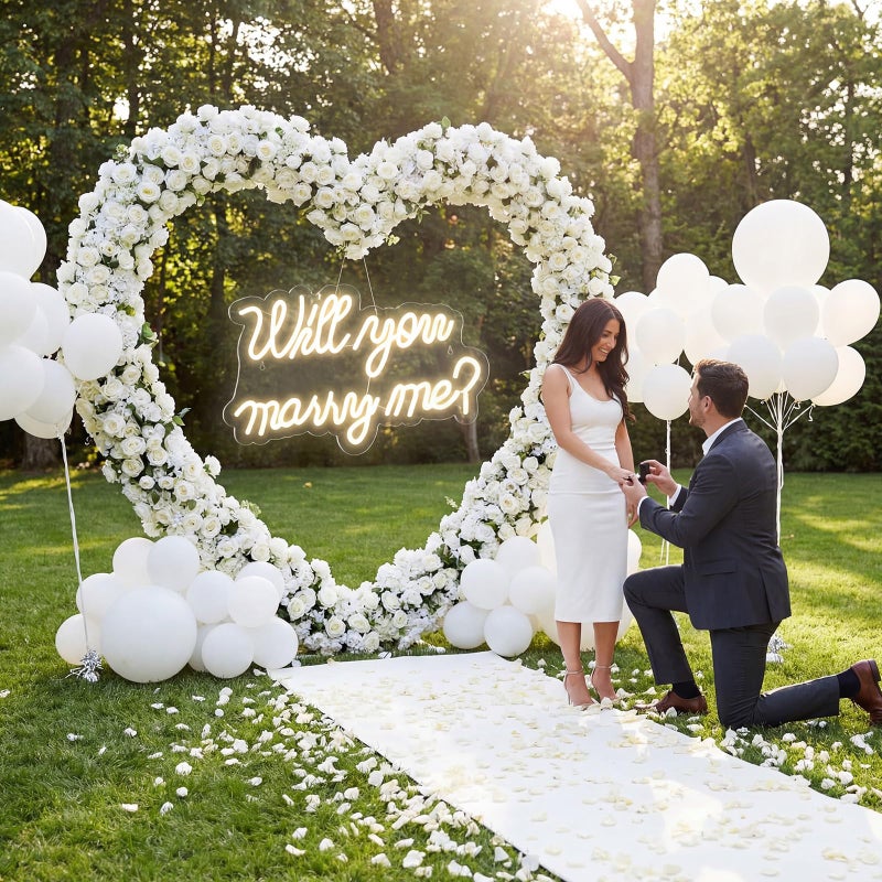 Breling 6.6ft Large Metal Heart Arch Stand and Will You Marry Me LED Neon Light Sign Backdrop for Outdoor Proposal Wedding Engagement Bridal Valentine and Birthday Party Decor(White) - Image 4