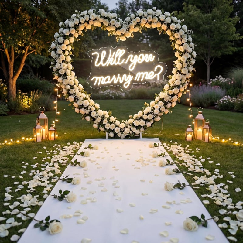 Breling 6.6ft Large Metal Heart Arch Stand and Will You Marry Me LED Neon Light Sign Backdrop for Outdoor Proposal Wedding Engagement Bridal Valentine and Birthday Party Decor(White) - Image 1