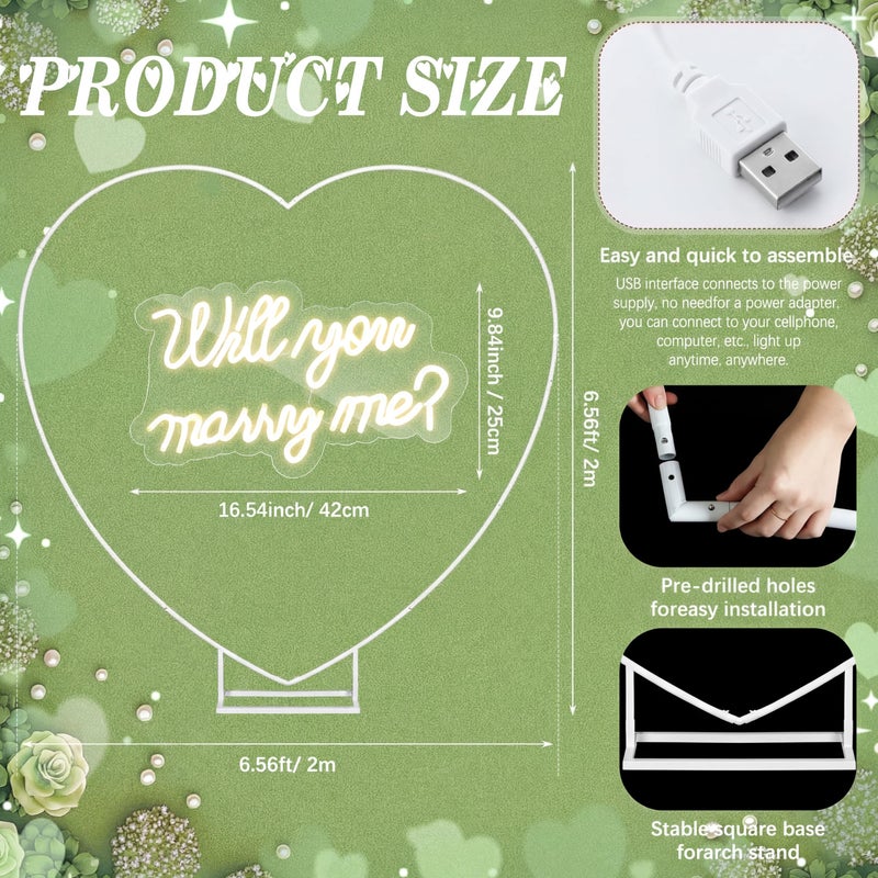 Breling 6.6ft Large Metal Heart Arch Stand and Will You Marry Me LED Neon Light Sign Backdrop for Outdoor Proposal Wedding Engagement Bridal Valentine and Birthday Party Decor(White) - Image 2