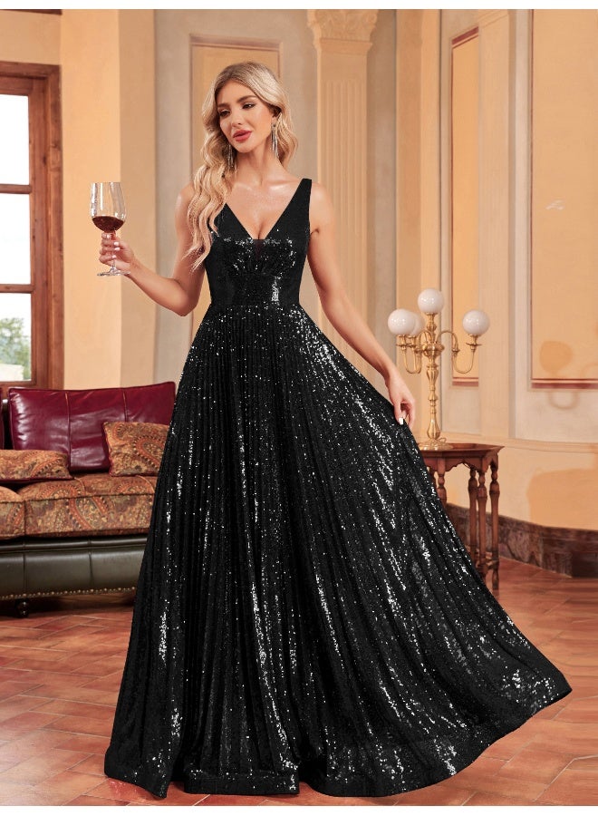 Madam Uniq Black V - Neck Sleeveless Sequin Maxi Evening Dress - Image 1