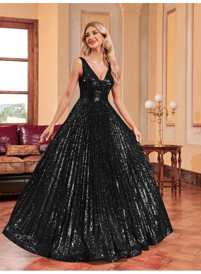 Madam Uniq Black V - Neck Sleeveless Sequin Maxi Evening Dress - Image 4
