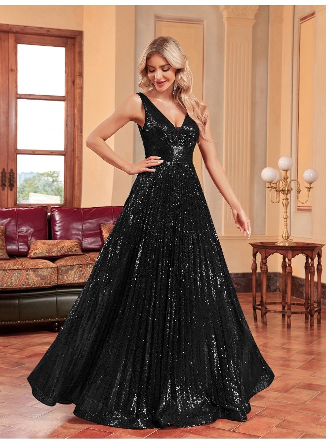 Madam Uniq Black V - Neck Sleeveless Sequin Maxi Evening Dress - Image 3