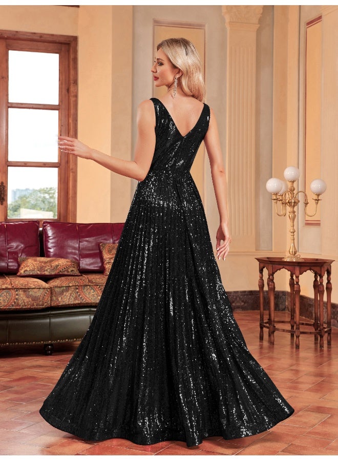 Madam Uniq Black V - Neck Sleeveless Sequin Maxi Evening Dress - Image 2