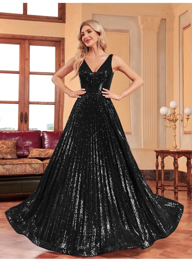 Madam Uniq Black V - Neck Sleeveless Sequin Maxi Evening Dress - Image 5