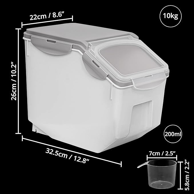 ABOUT SPACE حاوية أرز ABOUT SPACE سعة 10 كجم حاوية تخزين أرز محكمة الإغلاق مع كوب قياس برميل أرز منظم مقاوم للرطوبة للحبوب والبقوليات وطعام الحيوانات الأليفة رمادي بلاستيك - Image 2