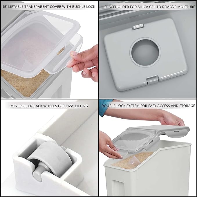 ABOUT SPACE حاوية أرز ABOUT SPACE سعة 10 كجم حاوية تخزين أرز محكمة الإغلاق مع كوب قياس برميل أرز منظم مقاوم للرطوبة للحبوب والبقوليات وطعام الحيوانات الأليفة رمادي بلاستيك - Image 4