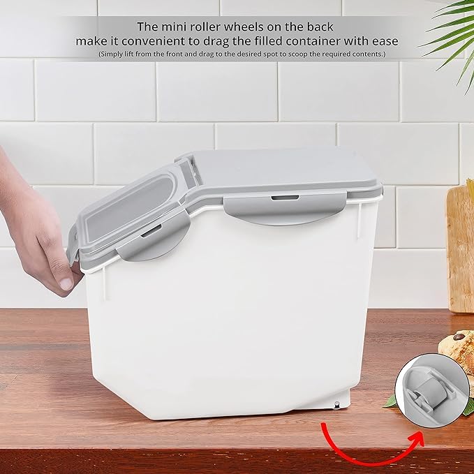 ABOUT SPACE حاوية أرز ABOUT SPACE سعة 10 كجم حاوية تخزين أرز محكمة الإغلاق مع كوب قياس برميل أرز منظم مقاوم للرطوبة للحبوب والبقوليات وطعام الحيوانات الأليفة رمادي بلاستيك - Image 5