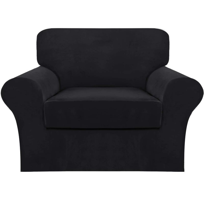 FantasDecor 2 Piece Chair Sofa Covers Velvet for Living Room Slipcovers with Individual Cushion Elastic Furniture Protector for Pets Machine Washable Armchair Black