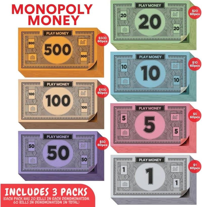 oreven Play Money Compatible for Monoply Money 60 Each Bill Denomination, Mixed Colors: $1, $5, $10, $20, $50, $100, and $500 (3 Set) - Image 2